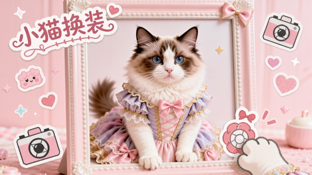 一只布偶猫穿着华丽的公主裙站在相框中央,相框周围飘浮着各种小贴纸和爱心,一只猫爪正按下相机快门图标,画面左上角用花体字写着“小猫换装”,整体为粉嫩少女风格,构图饱满,画质干净明亮