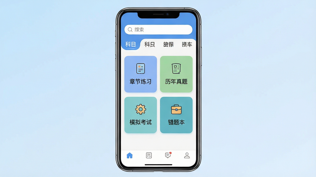 注册会计师华云题库手机应用主界面展示,画面中央是一部竖向放置的智能手机,屏幕内显示题库首页,顶部有搜索框和科目分类标签,中部是章节练习、历年真题、模拟考试、错题本四个功能入口卡片,底部为导航栏,背景为浅蓝色渐变,整体布局简洁清晰,风格为扁平化教育类APP界面,细节包括卡片圆角、图标线条、文字排版整齐,画质高清,画面干净,无多余元素
