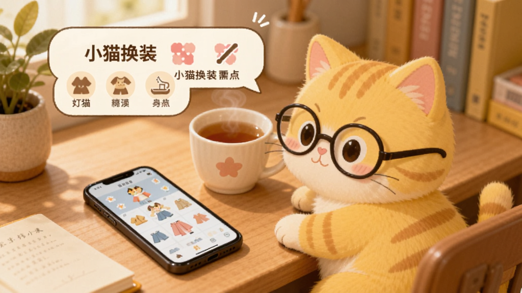 一只戴着眼镜的黄色小猫坐在书桌前,桌上放着一部手机和一杯热茶,手机屏幕显示换装界面,画面用对话框形式标注“小猫换装”和几个操作要点图标,整体为温馨学习风格,色调柔和,画质清晰,构图简洁