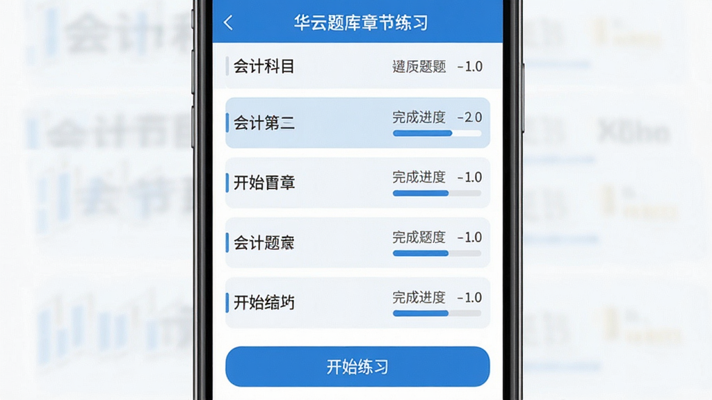 注册会计师华云题库章节练习界面,手机屏幕内展示会计科目章节列表,每一章右侧显示题目数量与完成进度条,下方有开始练习按钮,界面配色为蓝白相间,风格简洁教育类APP,画质清晰,画面干净,无多余元素