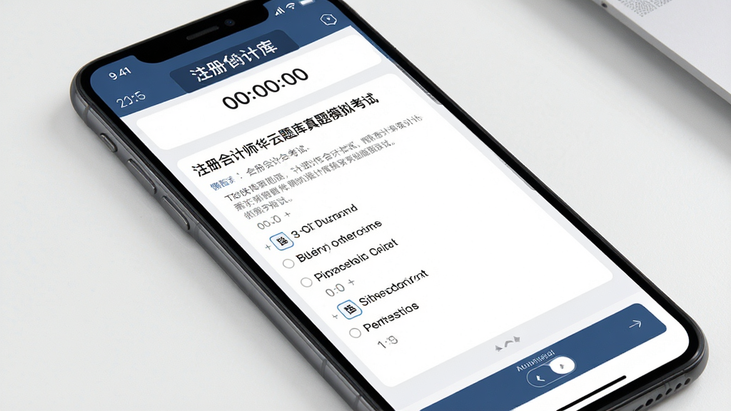 注册会计师华云题库真题模拟考试界面,手机屏幕显示一套注册会计师考试试卷,顶部有倒计时器,中部为题目与选项,底部有答题卡切换按钮,界面风格为考试系统类APP,配色沉稳,画质高清,画面干净,无多余元素