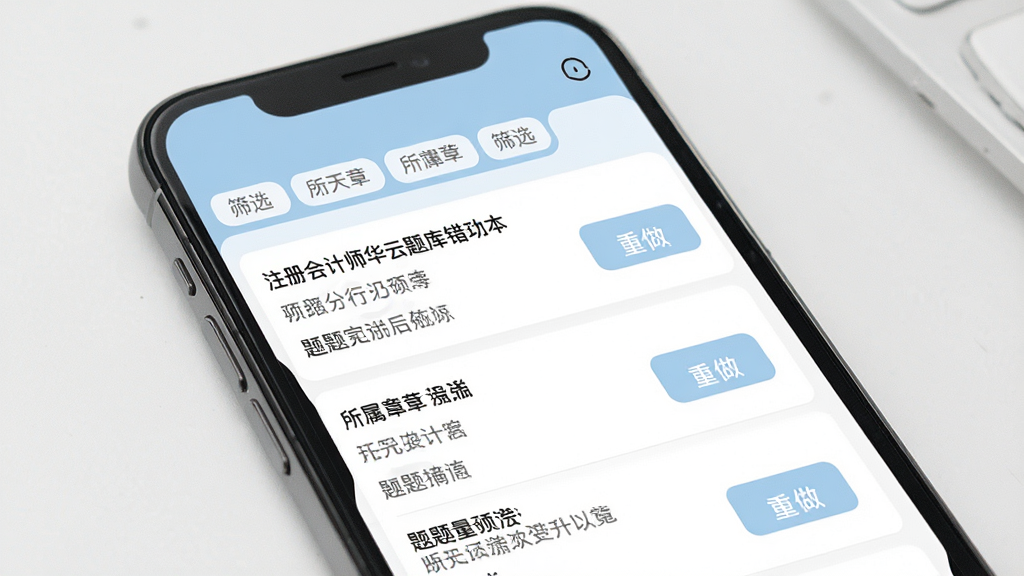 注册会计师华云题库错题本功能界面,手机屏幕展示错题列表,每条错题显示题目摘要、所属章节和重做按钮,顶部有筛选标签,界面风格为清爽学习类APP,配色柔和,画质清晰,画面干净,无多余元素