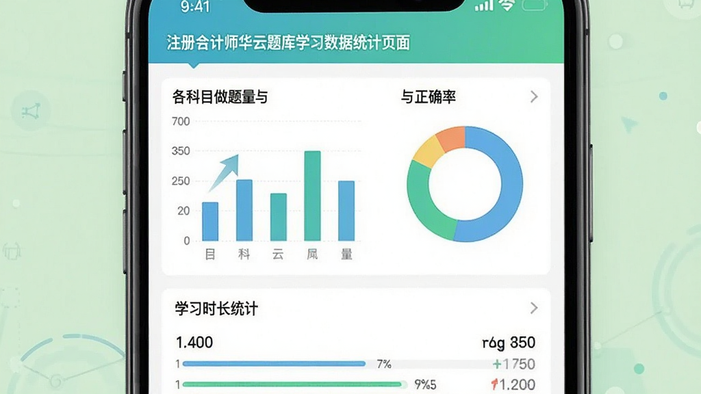注册会计师华云题库学习数据统计页面,手机屏幕内展示柱状图与环形图,显示各科目做题量与正确率,下方有学习时长统计,界面风格为数据可视化类APP,配色清新,画质高清,画面干净,无多余元素