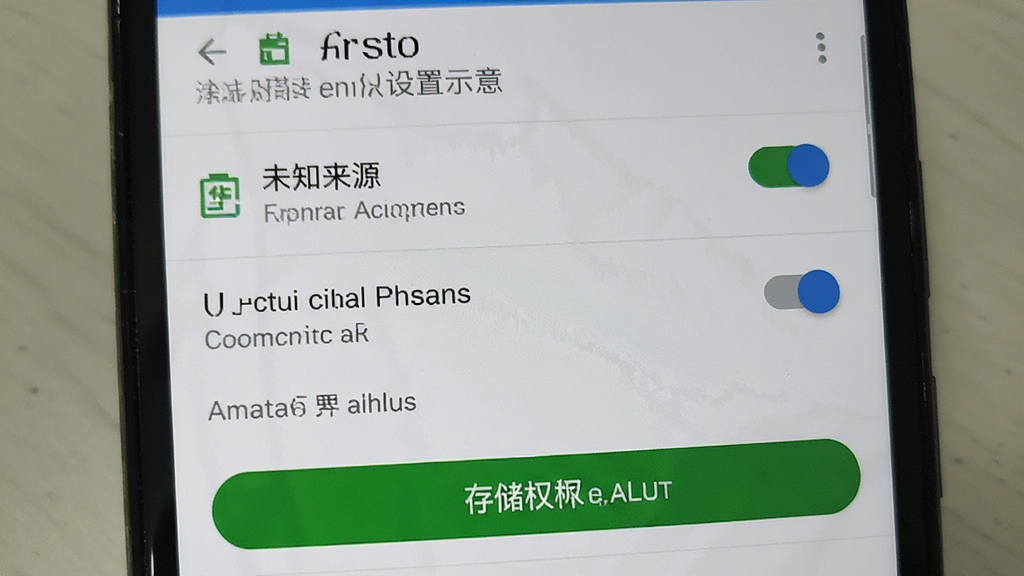 注册会计师华云题库安装与权限设置示意,手机屏幕显示安卓系统设置界面,包含未知来源应用开关、存储权限允许按钮,背景为浅灰色,风格为手机系统设置类界面,画质清晰,画面干净,无多余元素