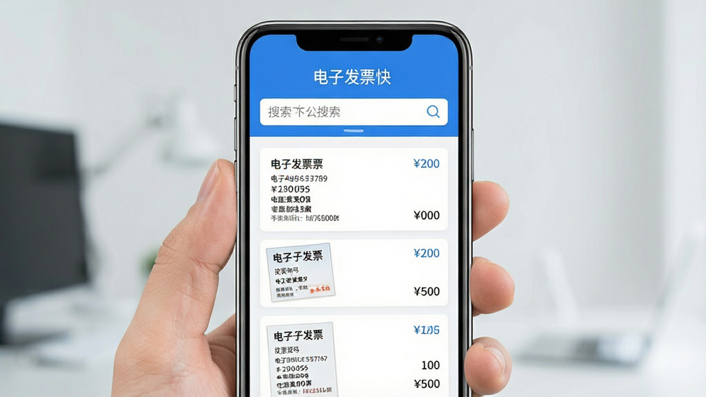 一张展示手机屏幕的图片,屏幕中央显示“电子发票快捷”软件的主界面,界面布局清晰,上方有搜索框,下方列表展示多张电子发票缩略图,包含发票号码和金额信息,整体风格简洁商务,配色以蓝色和白色为主,画面干净,画质清晰,无多余元素。