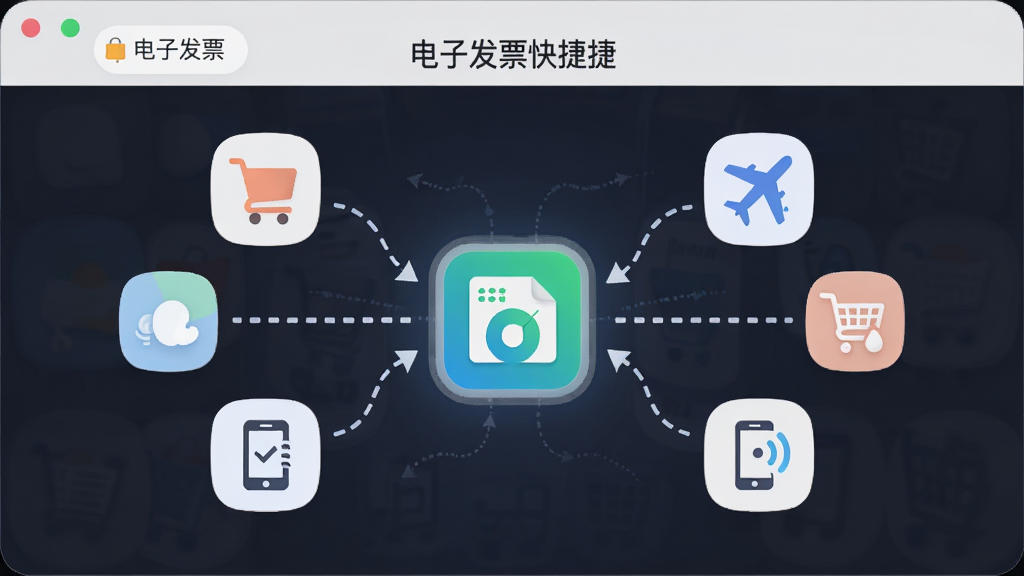 一幅AI生图,主体是“电子发票快捷”软件界面,布局为中央展示一个智能归集动画效果,多个代表不同平台的图标(如购物车、飞机、手机信号)通过虚线箭头汇聚到软件图标中,排版简洁对称,风格为扁平化科技感,细节包括图标圆润、色彩柔和,画质高清,干净无多余元素。