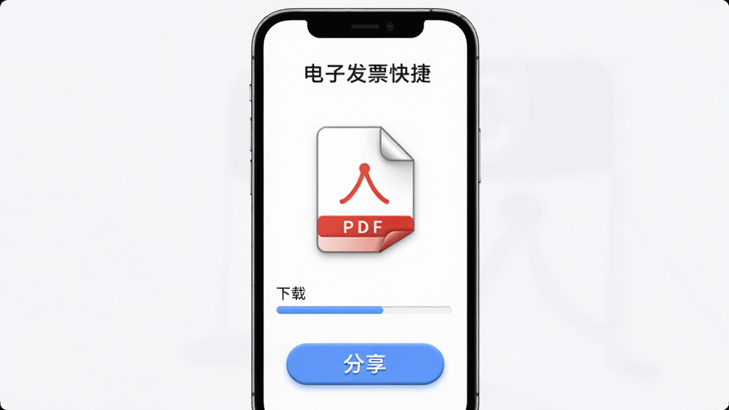 一幅AI生图,主体是“电子发票快捷”软件的下载功能界面,布局为手机屏幕中央显示一个PDF文件图标,下方有下载进度条和分享按钮,排版垂直排列,风格为现代简约,细节包括文件图标带折角、按钮有轻微立体感,画质高清,干净无多余元素。
