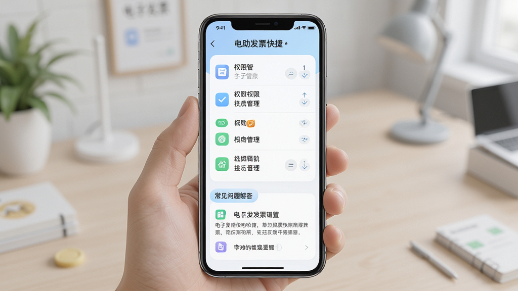 一幅AI生图,主体是“电子发票快捷”软件的帮助与设置界面,布局为手机屏幕显示权限管理列表和常见问题解答板块,排版清晰有序,风格为清爽浅色系,细节包括图标圆角、文字排版工整,画质高清,干净无多余元素。