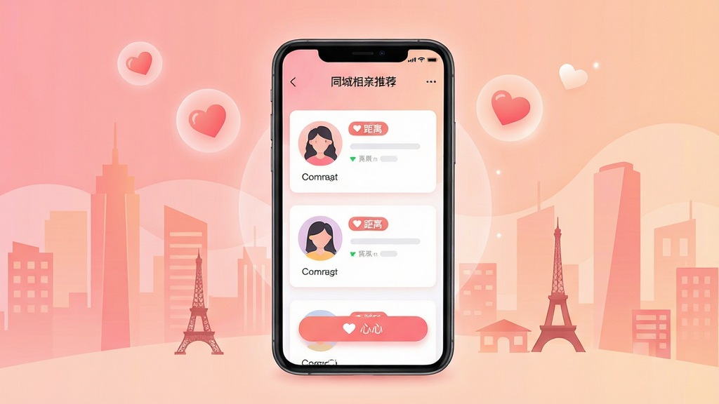 同城相亲手机应用主界面展示,画面中央是一部智能手机,屏幕内显示同城相亲APP的推荐页,包含用户头像卡片、距离标签和心动按钮,背景是温馨的粉色与浅橙色渐变城市剪影,布局采用居中构图,排版清晰突出手机主体,风格为现代扁平化插画,细节包括柔和的光晕、漂浮的爱心图标和城市地标小元素,画质高清,干净,无多余元素