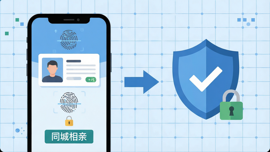同城相亲实名认证流程示意图,画面左侧是手机屏幕显示身份证上传界面,右侧是盾牌与勾选图标,中间有箭头连接,背景为浅蓝色网格,布局左右对称,风格为商务科技感扁平插画,细节包含指纹识别符号、安全锁和“同城相亲”文字标签,画质高清,干净,无多余元素