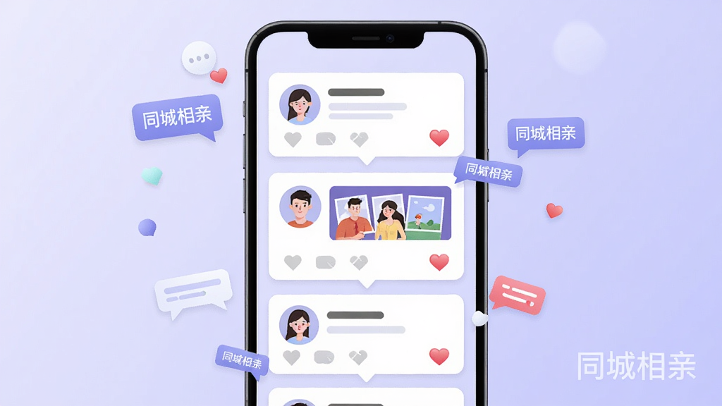 同城相亲动态广场页面,画面中央是手机屏幕显示瀑布流动态卡片,卡片内含用户头像、照片和爱心点赞图标,背景为淡紫色渐变,布局为垂直排列,风格为时尚社交插画,细节包括漂浮的聊天气泡和“同城相亲”水印,画质高清,干净,无多余元素