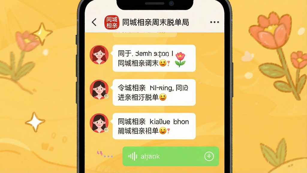 同城相亲线上相亲群聊天界面,画面展示手机屏幕内群聊窗口,包含多条文字消息和语音条,顶部有群名称“同城相亲周末脱单局”,背景为暖黄色,布局为居中手机展示,风格为活泼社交UI插画,细节包括红娘头像、鲜花表情和“同城相亲”标志,画质高清,干净,无多余元素