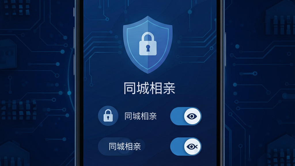 同城相亲隐私安全设置界面,画面为手机屏幕显示盾牌图标和多个开关按钮,背景为深蓝色科技纹理,布局为居中排列,风格为安全防护类扁平插画,细节包括锁形图标、眼睛关闭符号和“同城相亲”文字,画质高清,干净,无多余元素