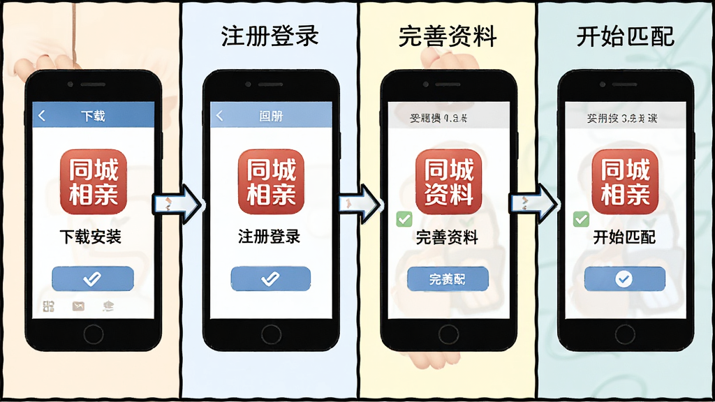同城相亲安卓手机操作步骤图,画面为一部手机屏幕从左到右展示下载安装、注册登录、完善资料、开始匹配四个步骤,布局为横向四格漫画式,风格为简洁教程插画,细节包括箭头指示、勾选标记和“同城相亲”图标,画质高清,干净,无多余元素