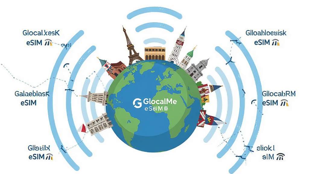 一张展示 GlocalMe eSIM 全球网络覆盖范围的插画,主体为地球仪与多个国家地标建筑,布局以地球为中心向外辐射信号波纹,排版简洁,风格为扁平化科技插画,细节上标注不同地区的网络图标和信号强度,画质高清,干净,无多余元素。