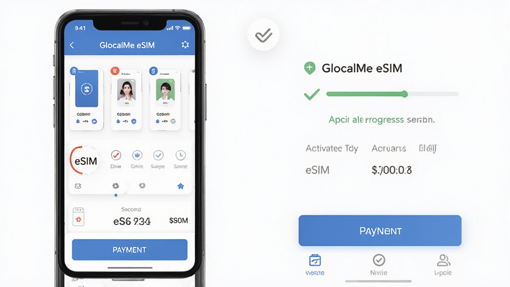 一张展示 GlocalMe eSIM 应用内购买套餐流程的界面截图,主体为手机屏幕显示套餐列表和支付按钮,布局从上到下依次为套餐选择、价格展示、确认支付,风格为现代移动应用界面设计,细节上突出 eSIM 激活进度条和成功提示,画质高清,干净,无多余元素。
