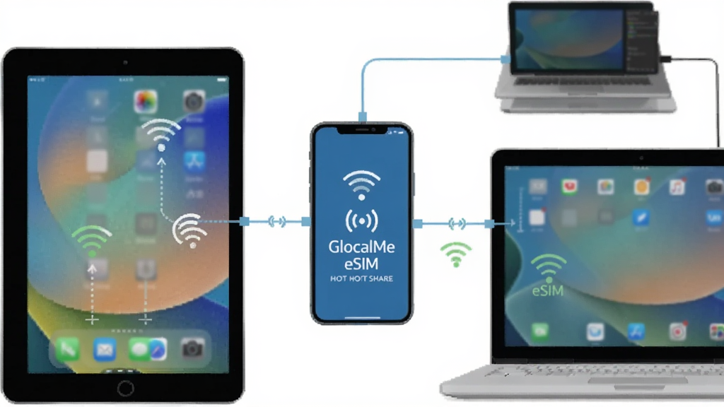 一张展示 GlocalMe eSIM 热点共享功能的场景图,主体为一部手机同时连接平板和笔记本电脑,布局以手机为中心向外连接多个设备,风格为简洁商务插画,细节上显示信号图标和设备连接状态,画质高清,干净,无多余元素。