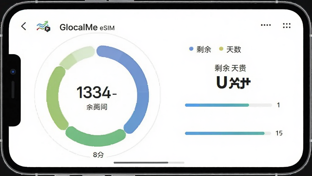 一张展示 GlocalMe eSIM 流量监控界面的手机截图,主体为手机屏幕显示流量使用环形图和剩余天数,布局清晰,风格为现代数据可视化界面,细节上突出数字和进度条,画质高清,干净,无多余元素。