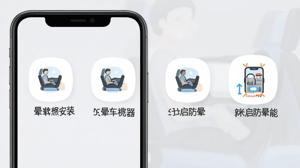 晕车神器新手使用步骤图,手机屏幕显示从下载安装到开启防晕功能的四个步骤图标,背景为浅灰色,风格简洁明快,画质清晰,无多余元素