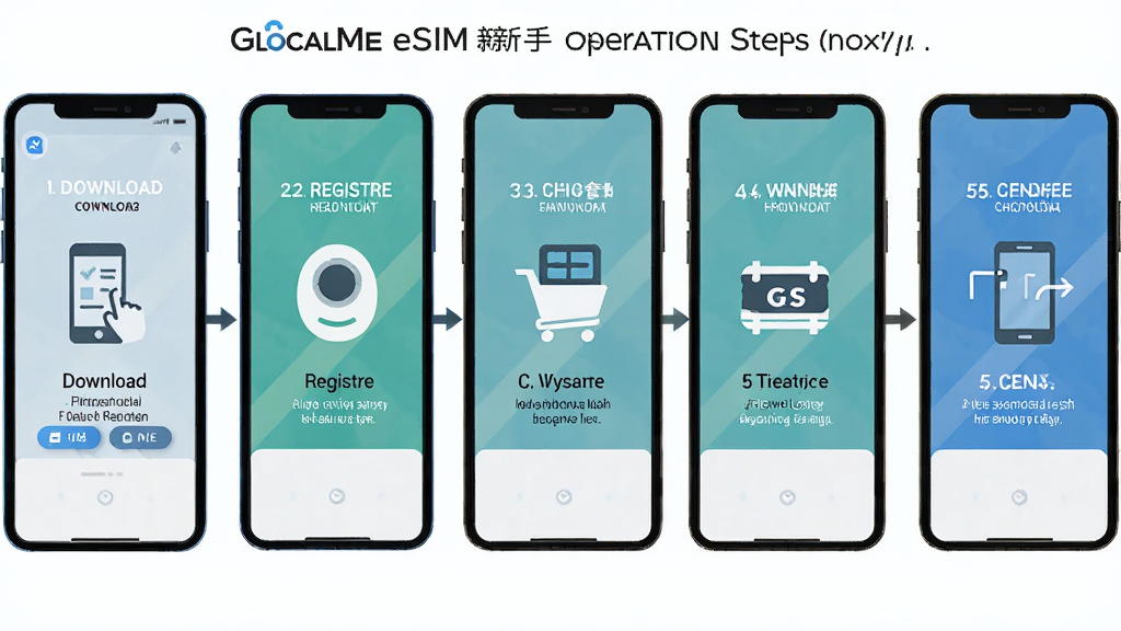 一张展示 GlocalMe eSIM 新手操作步骤的流程图,主体为手机屏幕依次显示下载、注册、选套餐、激活、连接五个步骤,布局为横向流程图,风格为扁平化信息图,细节上每个步骤配有图标和简短文字说明,画质高清,干净,无多余元素。