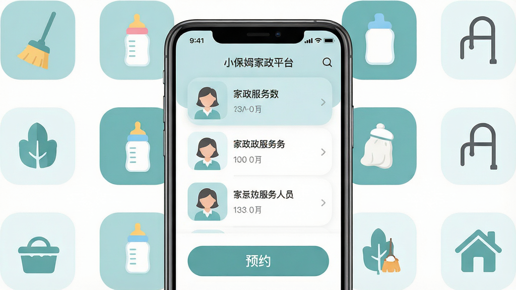 一张展示小保姆家政平台手机应用界面的图片。主体是一部智能手机,屏幕显示家政服务人员列表和预约按钮。布局为手机居中,周围环绕家政服务相关图标如扫帚、奶瓶、老人扶手等。排版清晰,风格为现代扁平化设计。细节包括柔和的蓝绿色调,圆角图标,干净的白色背景。画质高清,画面干净,无多余元素。