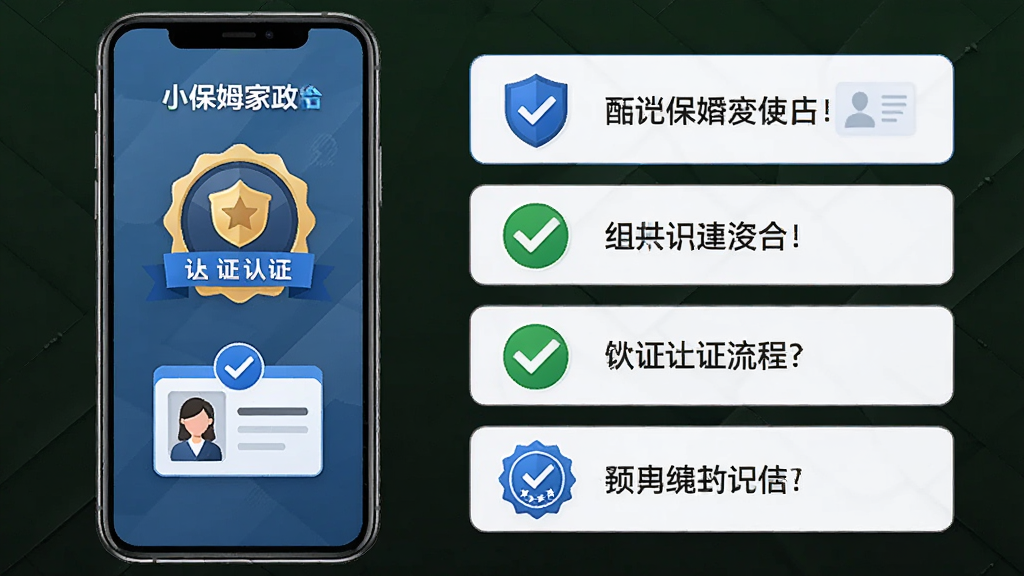 一张展示小保姆家政平台阿姨认证流程的示意图。主体是手机屏幕显示认证徽章和身份证图标。布局为左侧手机,右侧认证步骤列表。排版采用横向排列。风格为商务简洁风。细节包括盾牌图标、勾选标记、蓝色认证徽章。画质高清,干净,无多余元素。