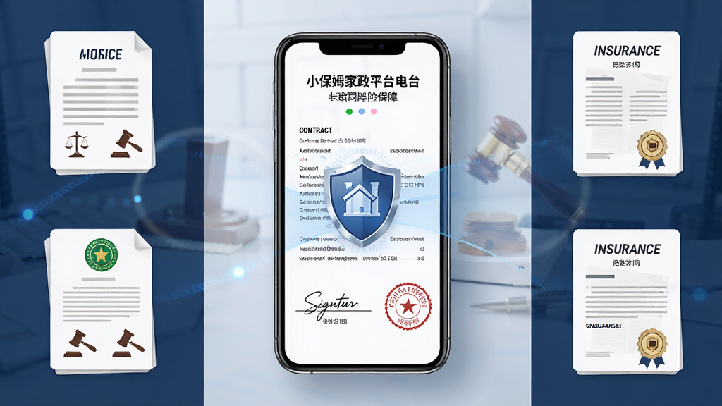 一张展示小保姆家政平台电子合同与保险保障的图片。主体是手机屏幕显示合同文档和保险盾牌图标。布局为手机居中,周围有法律文书和保险单图标。排版整齐。风格为专业商务风。细节包括签名栏、印章图案、保险标志。画质高清,干净,无多余元素。