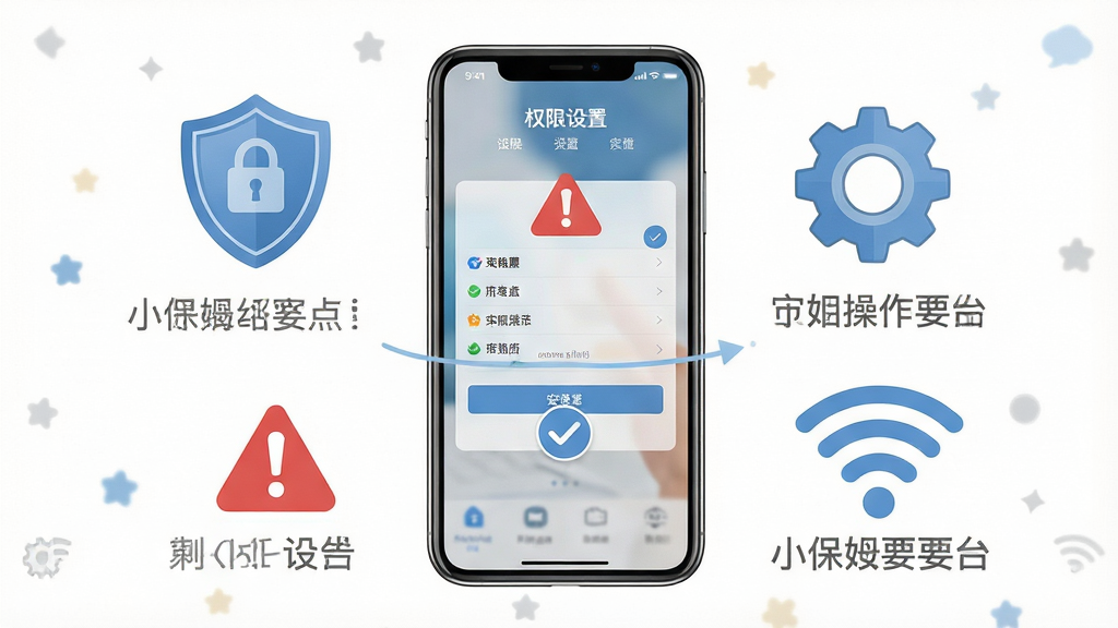 一张展示小保姆家政平台新手操作要点的信息图。主体是手机屏幕显示权限设置和安装界面。布局为手机居中,周围有盾牌、齿轮、WiFi图标。排版清晰。风格为友好提示风。细节包括红色警告标志、蓝色对勾、灰色提示文字。画质高清,干净,无多余元素。
