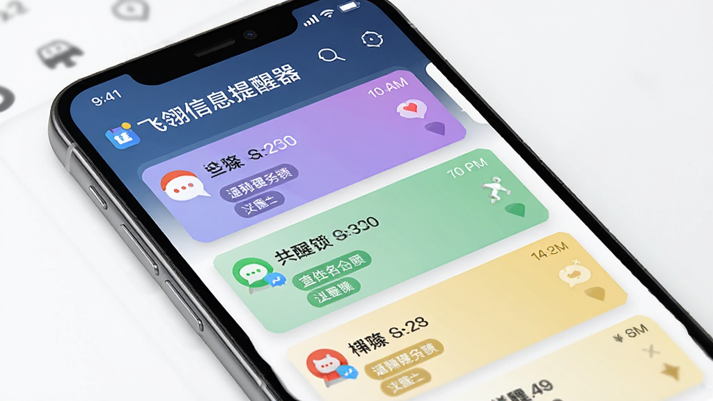 一款名为“飞翎信息提醒器”的手机应用界面展示,主体为一部现代智能手机,屏幕中显示着多条彩色消息提醒卡片,布局清晰,排版简洁,风格为扁平化科技风,细节包括通知图标、时间戳和分类标签,画质高清,干净,无多余元素