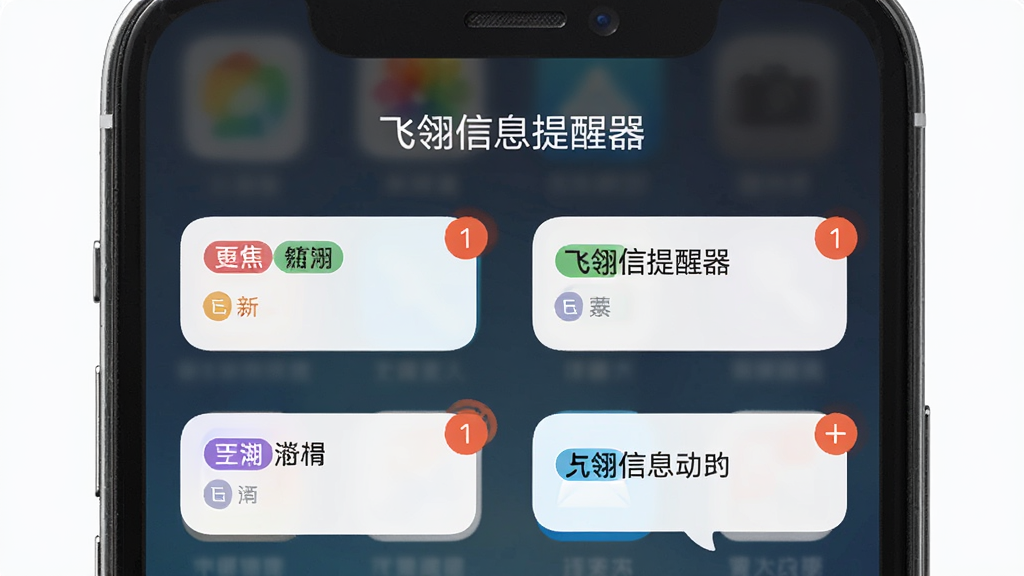 一部手机屏幕中显示“飞翎信息提醒器”的消息聚合界面,多个应用图标和消息气泡整齐排列,主体突出,布局为上下结构,排版清晰,风格为简约现代,细节包括彩色分类标签和未读标记,画质高清,干净,无多余元素