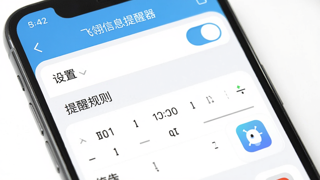 手机界面展示“飞翎信息提醒器”的自定义提醒规则设置页面,主体为设置选项列表,布局为纵向排列,排版规整,风格为清新浅色,细节包括开关按钮、时间选择器和应用图标,画质高清,干净,无多余元素