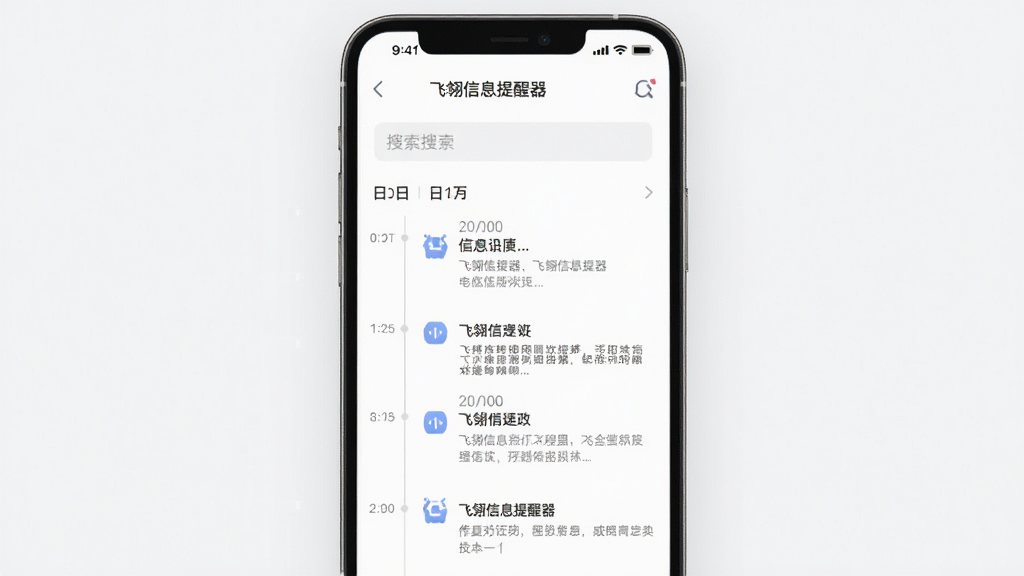 手机界面展示“飞翎信息提醒器”的消息历史回溯页面,主体为时间轴形式的消息列表,布局为纵向滚动,排版清晰,风格为素雅极简,细节包括搜索框、日期分组和消息摘要,画质高清,干净,无多余元素