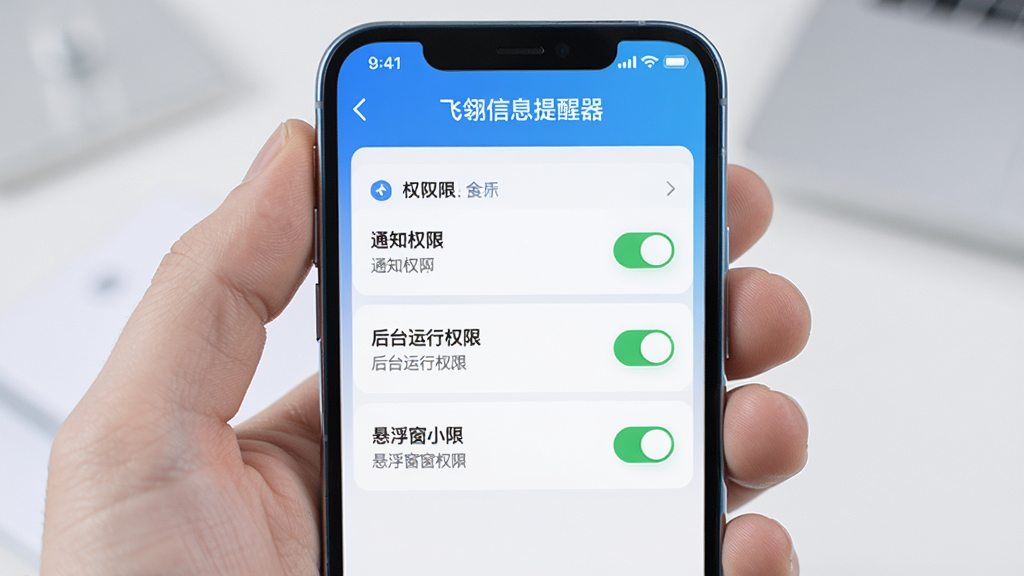 一部手机展示“飞翎信息提醒器”的权限设置界面,主体为权限开关列表,布局为纵向排列,排版清晰,风格为科技蓝调,细节包括通知权限、后台运行权限和悬浮窗权限的开启状态,画质高清,干净,无多余元素