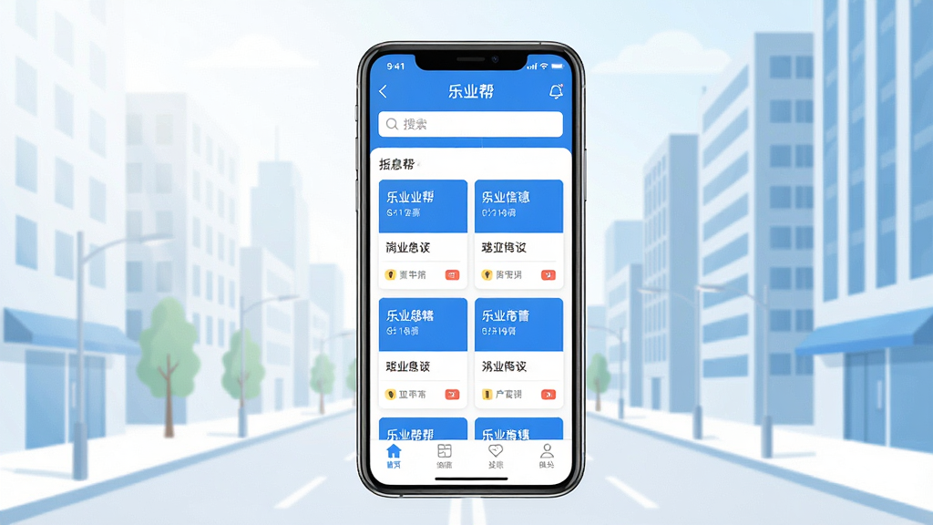 一张展示乐业帮手机应用界面的场景图,画面中央是一部竖屏智能手机,屏幕上显示乐业帮APP的岗位列表页面,包含搜索框、岗位卡片和底部导航栏,背景是明亮的城市街景与办公楼轮廓,整体布局简洁清晰,风格现代扁平化,细节上突出蓝白色调与招聘信息元素,画质高清干净,无多余装饰元素