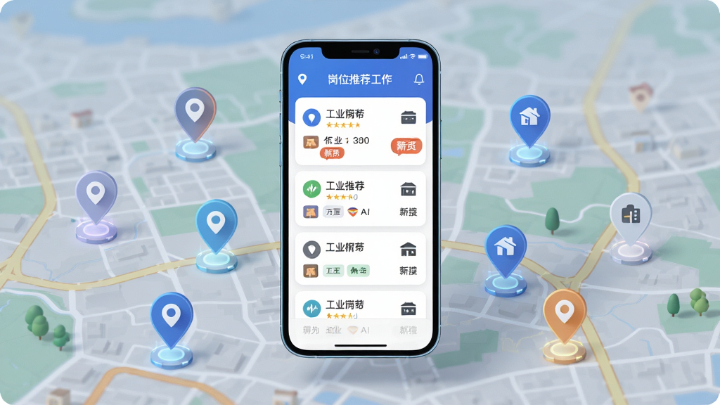 一张表现乐业帮本地岗位匹配功能的AI生图,画面主体是一个手机屏幕悬浮在地图上方,地图上标注多个工作地点图标,手机屏幕内显示岗位推荐列表,布局采用中心构图,风格科技感与生活感结合,细节包括定位标记、薪资标签和行业图标,画质清晰干净,无多余元素