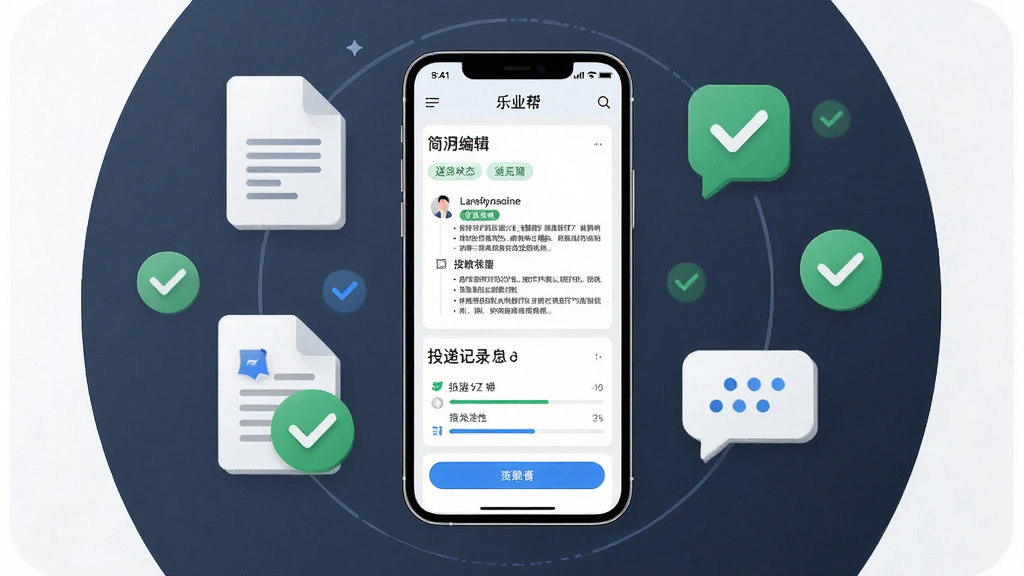 一张展示乐业帮简历投递功能的AI生图,画面中央是一部手机,屏幕显示简历编辑页面和投递记录列表,周围环绕着文档图标、对勾图标和消息气泡,布局采用环绕式构图,风格简洁商务,细节包括简历模块、投递状态标签和进度条,画质高清干净,无多余元素