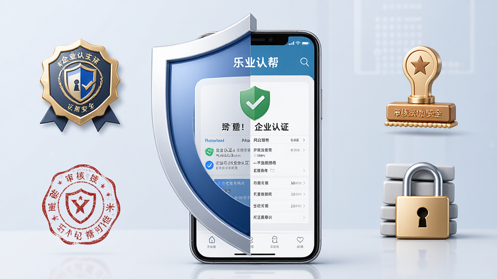 一张表现乐业帮企业认证与安全功能的AI生图,画面主体是一个盾牌图标与手机屏幕结合,屏幕内显示企业认证标识和岗位详情页,布局采用左右对称构图,风格稳重可靠,细节包括认证徽章、审核印章和安全锁元素,画质清晰干净,无多余元素