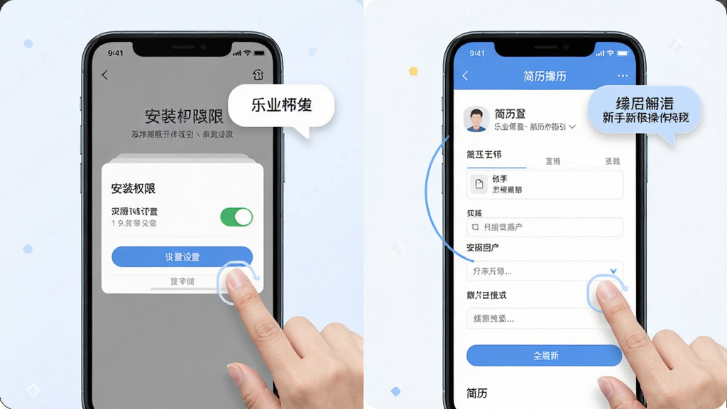 一张展示乐业帮新手操作指引的AI生图,画面主体是手机屏幕显示安装权限设置页面和简历填写界面,旁边有手指点击的示意,布局采用左右分栏构图,风格清新简洁,细节包括权限开关、简历表单和提示气泡,画质高清干净,无多余元素