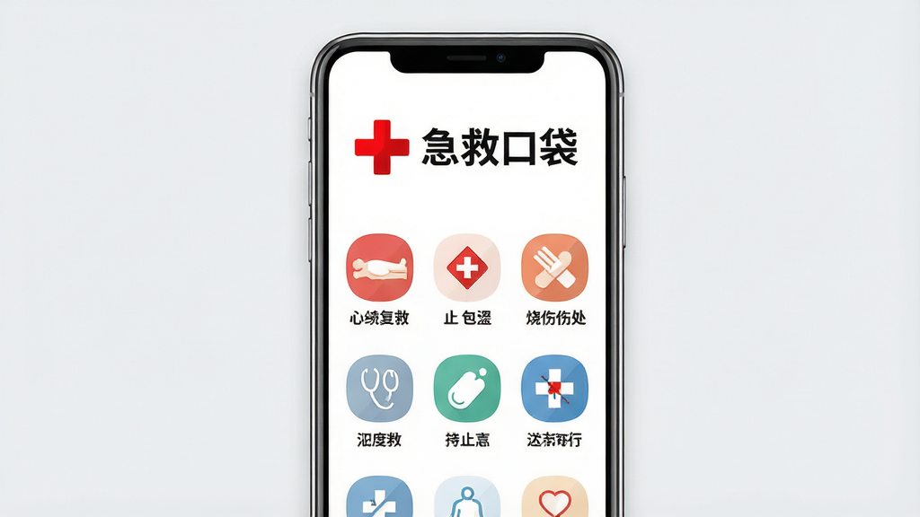 急救口袋软件主界面展示图,画面中央是一个简洁的手机屏幕模型,屏幕内显示急救口袋APP的首页,首页顶部有醒目的红色十字标志和“急救口袋”四个大字,下方排列着急救知识分类图标,包括心肺复苏、止血包扎、烧烫伤处理等,背景为干净的浅灰色,整体风格专业、清晰、医疗感强,布局整齐,画质高清,干净无多余元素