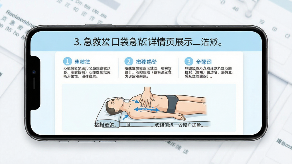 急救口袋急救知识详情页展示图,画面中一部手机横屏展示,屏幕内呈现心肺复苏操作步骤的图文教程,上方有步骤序号和标题,下方有清晰的按压位置示意图和文字说明,界面配色以白色和浅蓝色为主,文字清晰易读,整体布局专业、整洁,画质高清,干净无多余元素
