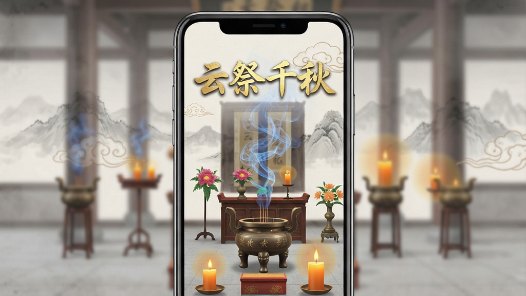 一张展示云祭千秋软件主界面的手机预览图,画面中央是一部现代智能手机,手机屏幕内显示着古朴庄重的线上祭祀大厅,大厅中有虚拟的香炉、烛台和鲜花供品,背景是淡淡的远山与祥云图案,屏幕上方有“云祭千秋”四个金色毛笔字,整体布局简洁对称,风格为中国传统水墨风与现代UI设计相结合,细节上突出香炉中飘起的袅袅青烟和烛光的温暖光晕,画质高清,画面干净,无多余元素干扰。