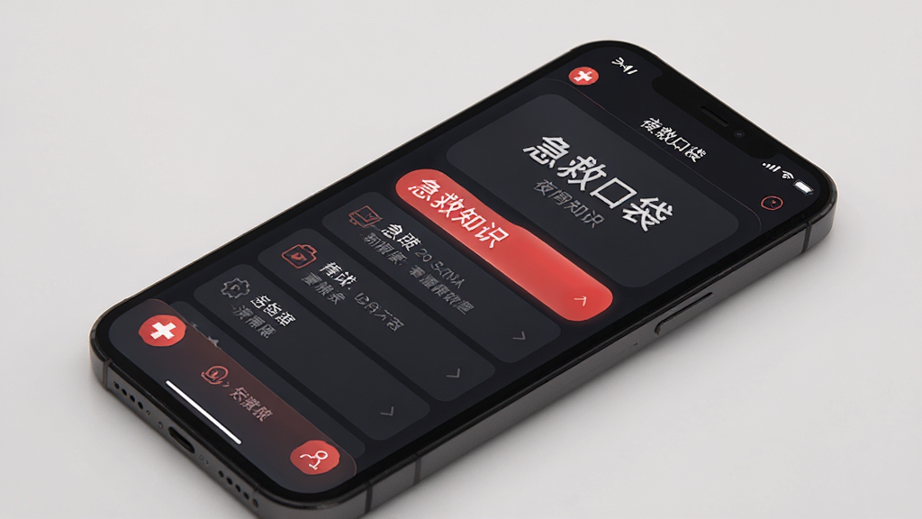 急救口袋夜间模式界面展示图,画面中手机屏幕显示急救口袋APP在深色背景下的急救知识页面,文字为浅色,图标和重点内容以红色高亮显示,整体视觉效果柔和护眼,画面干净整洁,画质高清,无多余元素