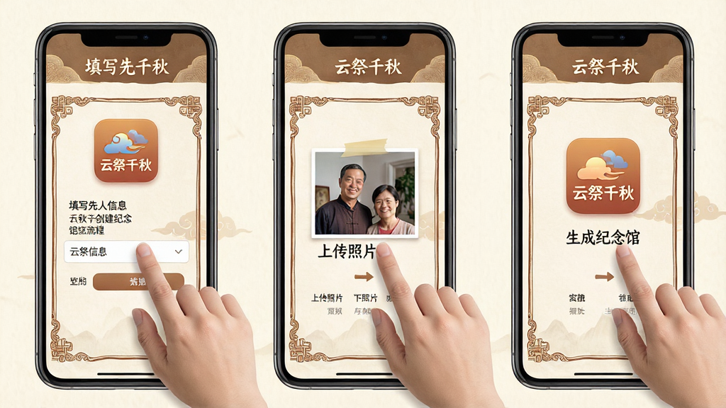 一张展示云祭千秋创建纪念馆流程的示意图,画面分为三个并列的手机屏幕,从左到右依次为填写先人信息、上传照片、生成纪念馆,屏幕中显示有“云祭千秋”应用图标,背景为素雅的米白色,整体风格清新简洁,细节上突出用户手指点击屏幕的操作动作和界面中古朴的纹饰边框,画质清晰,画面干净,无多余元素。