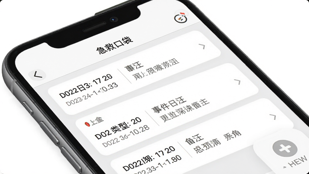 急救口袋急救记录页面展示图,画面中手机屏幕显示急救口袋APP的记录界面,列表展示多条急救事件记录,每条记录包含日期、事件类型和简短备注,界面设计简洁,以白色和浅灰色为主色调,文字清晰,布局有条理,画质高清,干净无多余元素
