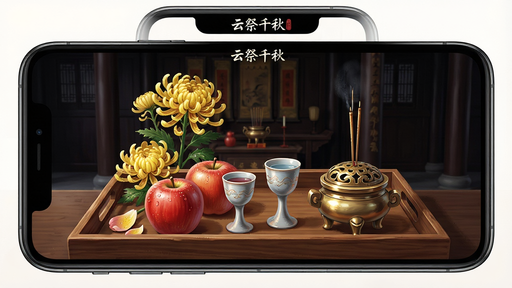 一张展示云祭千秋虚拟祭品库界面的图片,画面中手机屏幕内呈现一个木质托盘,托盘上整齐摆放着菊花、苹果、酒杯、香炉等虚拟祭品,每件物品都有精致的光影质感,背景是深色的祠堂风格墙面,屏幕上方有“云祭千秋”小字标识,整体风格为写实与国风手绘结合,细节上突出花瓣上的露珠和香炉的金属光泽,画质高清,画面干净,无多余元素。