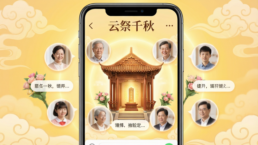 一张展示云祭千秋家族成员共同祭拜场景的图片,画面中一部手机屏幕内显示一个家族群组界面,界面中有多位家庭成员的头像围绕着一个发光的纪念堂,头像旁有鲜花和留言气泡,背景是暖黄色的光晕和淡淡的祥云纹理,屏幕上方有“云祭千秋”字样,整体风格温馨典雅,细节上突出人物头像的柔和边缘和纪念堂的精致雕花,画质清晰,画面干净,无多余元素。