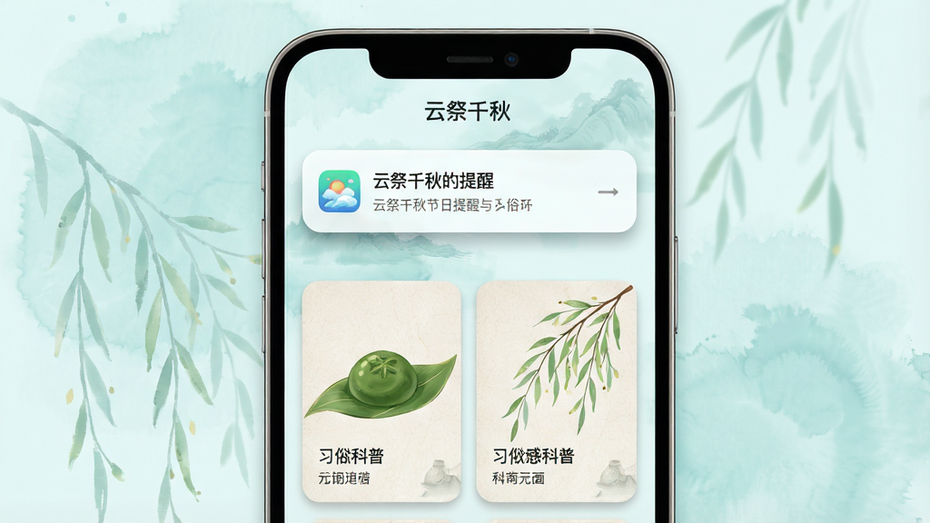 一张展示云祭千秋节日提醒与习俗科普界面的图片,画面中手机屏幕内显示一条清明节的推送通知,通知下方是习俗科普卡片,卡片上绘有青团、柳枝等元素,背景是淡青色的水墨晕染效果,屏幕顶部有“云祭千秋”应用名称,整体风格清新雅致,细节上突出通知卡片的圆角阴影和科普卡片的纸质纹理,画质高清,画面干净,无多余元素。