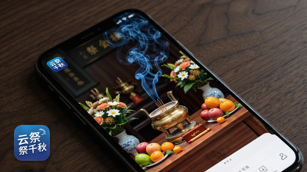 一张展示云祭千秋在手机上运行流畅画面的图片,画面中手机屏幕内显示纪念馆祭拜界面,香炉中青烟袅袅升起,供桌上摆放着鲜花和水果,屏幕边缘有“云祭千秋”应用图标,背景为深色胡桃木纹理的桌面,整体风格沉稳庄重,细节上突出手机屏幕的高清显示效果和青烟的半透明质感,画质清晰,画面干净,无多余元素。