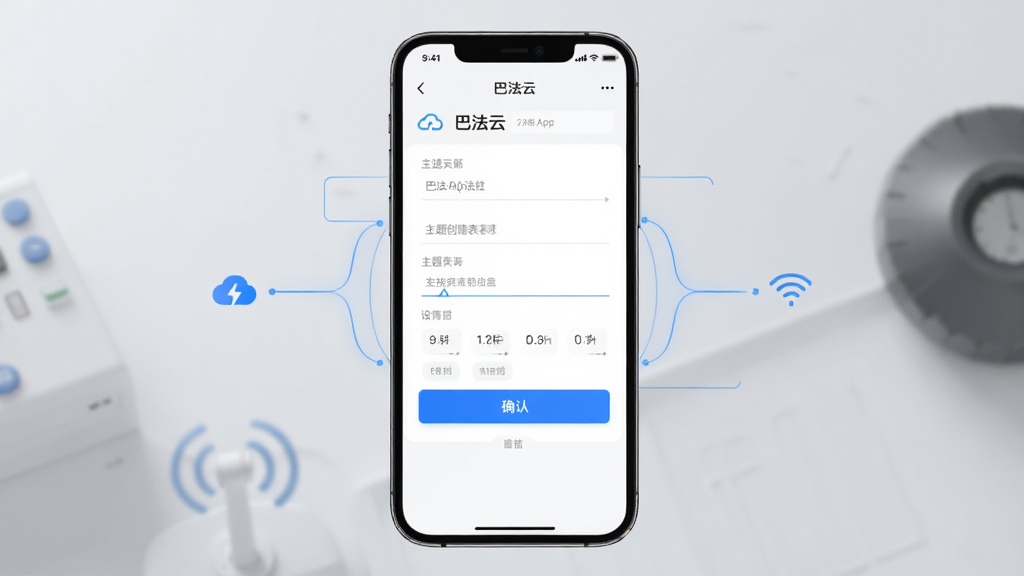 主体为巴法App设备添加界面,布局为手机屏幕居中展示主题创建表单,排版上下结构清晰,风格为简洁科技风UI展示,细节包含输入框、蓝色确认按钮、云图标、设备连接示意线条,画质高清,画面干净,无多余元素,图片中打文字“巴法云”