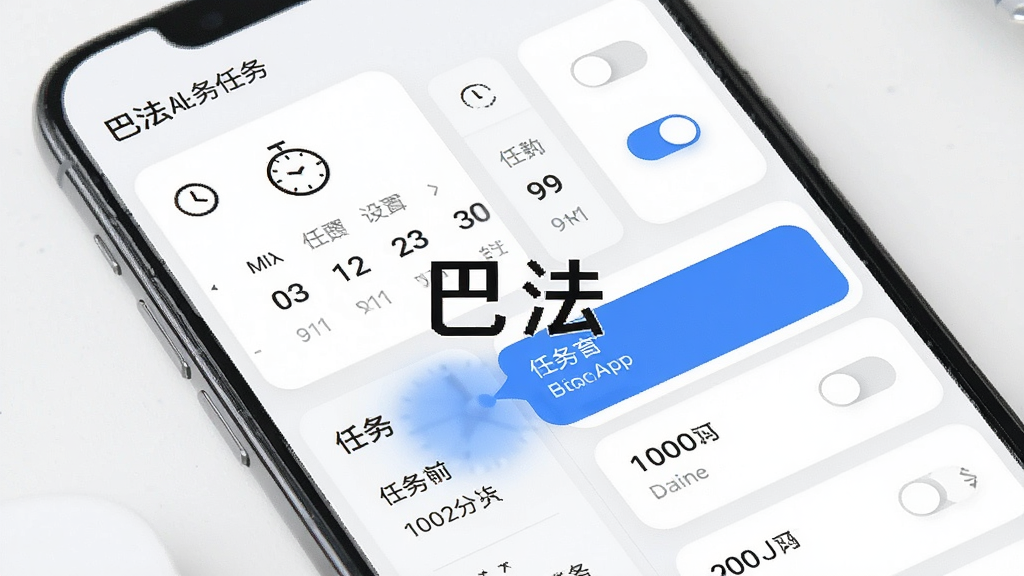主体为巴法App定时任务设置页面,布局为手机竖屏展示时间选择器与任务列表,排版为卡片式布局,风格为清新简约移动端界面,细节包含时钟图标、开关按钮、任务卡片、蓝色高亮选中状态,画质高清,画面干净,无多余元素,图片中打文字“巴法”